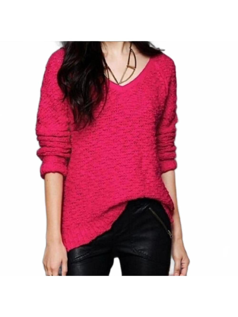 Free People Songbird V Neck Knit Pullover Sweater Flare Bell Sleeve Hot Pink XS - Picture 3 of 9